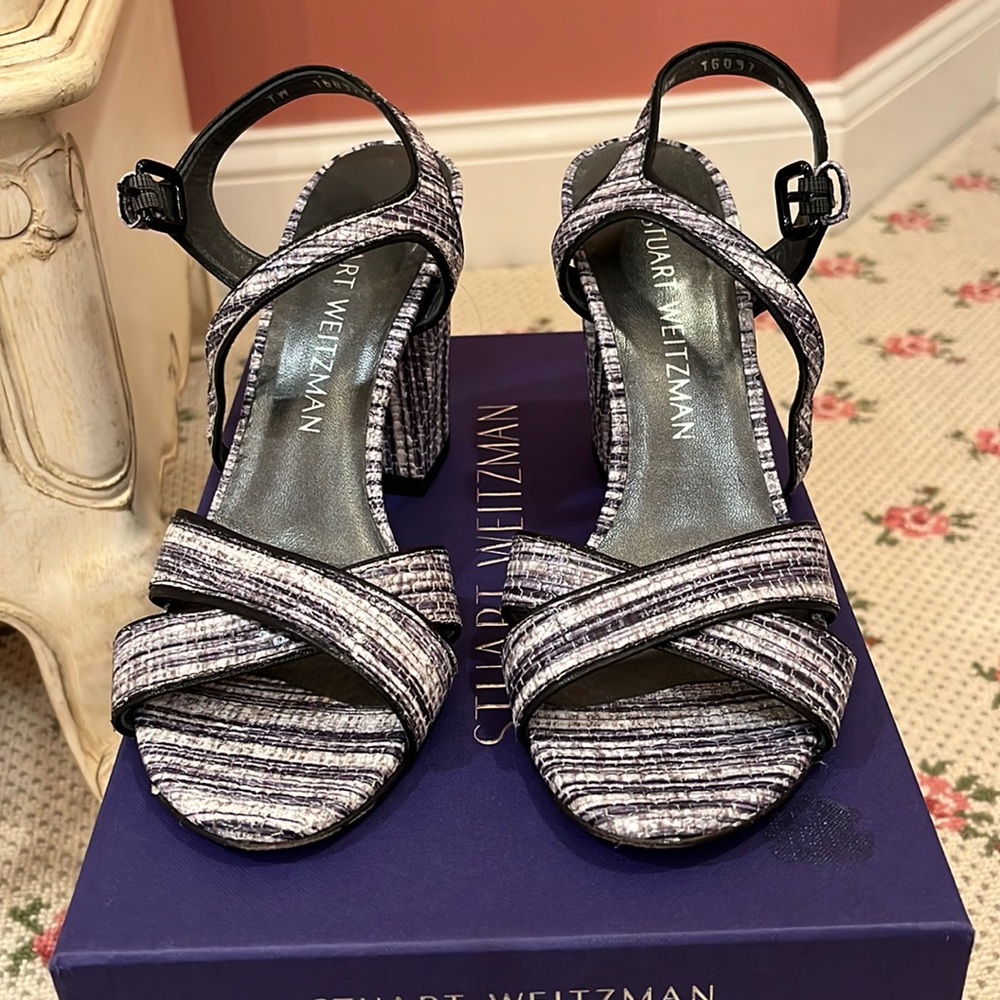 Stuart Weitzman Sunlover Black White Weave Napa Sandal